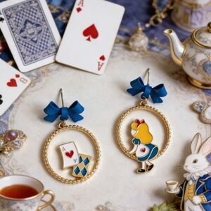 "Alice in Wonderland" Asymmetrical Enamel Bow Earrings Royal Blue